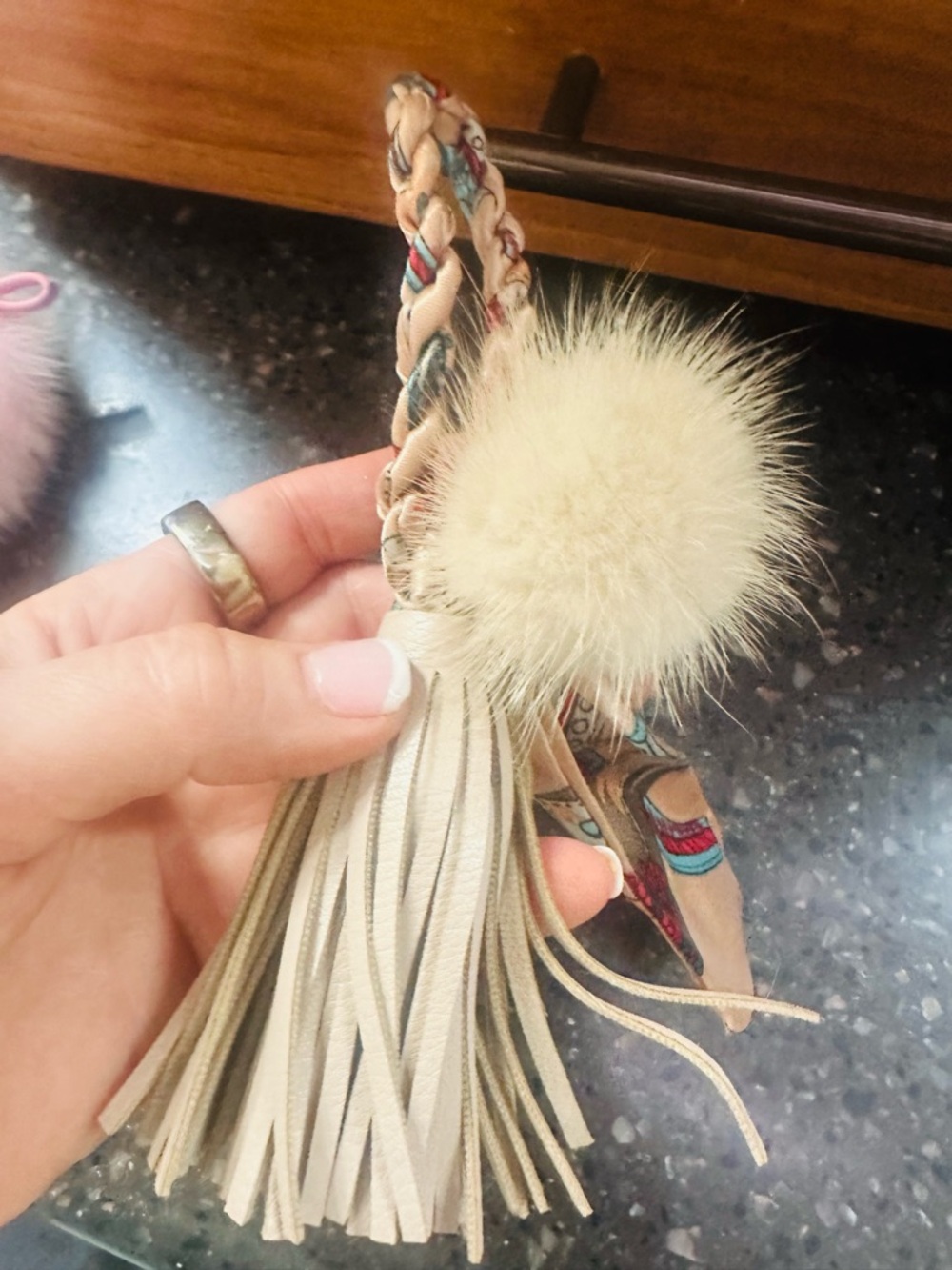 Neutral Beige Pom-Pom & Tassel Key Charm with Braided Loop